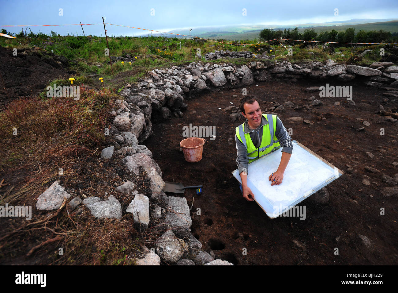 The Archaeological roundhouse site at Bellever, Dartmoor, which is being surveyed by Dartmoor National Park Stock Photo