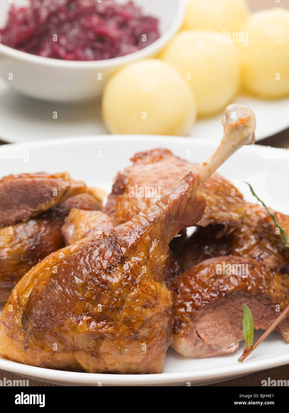 Duck with red cabbage and potato dumplings - Stock Photo