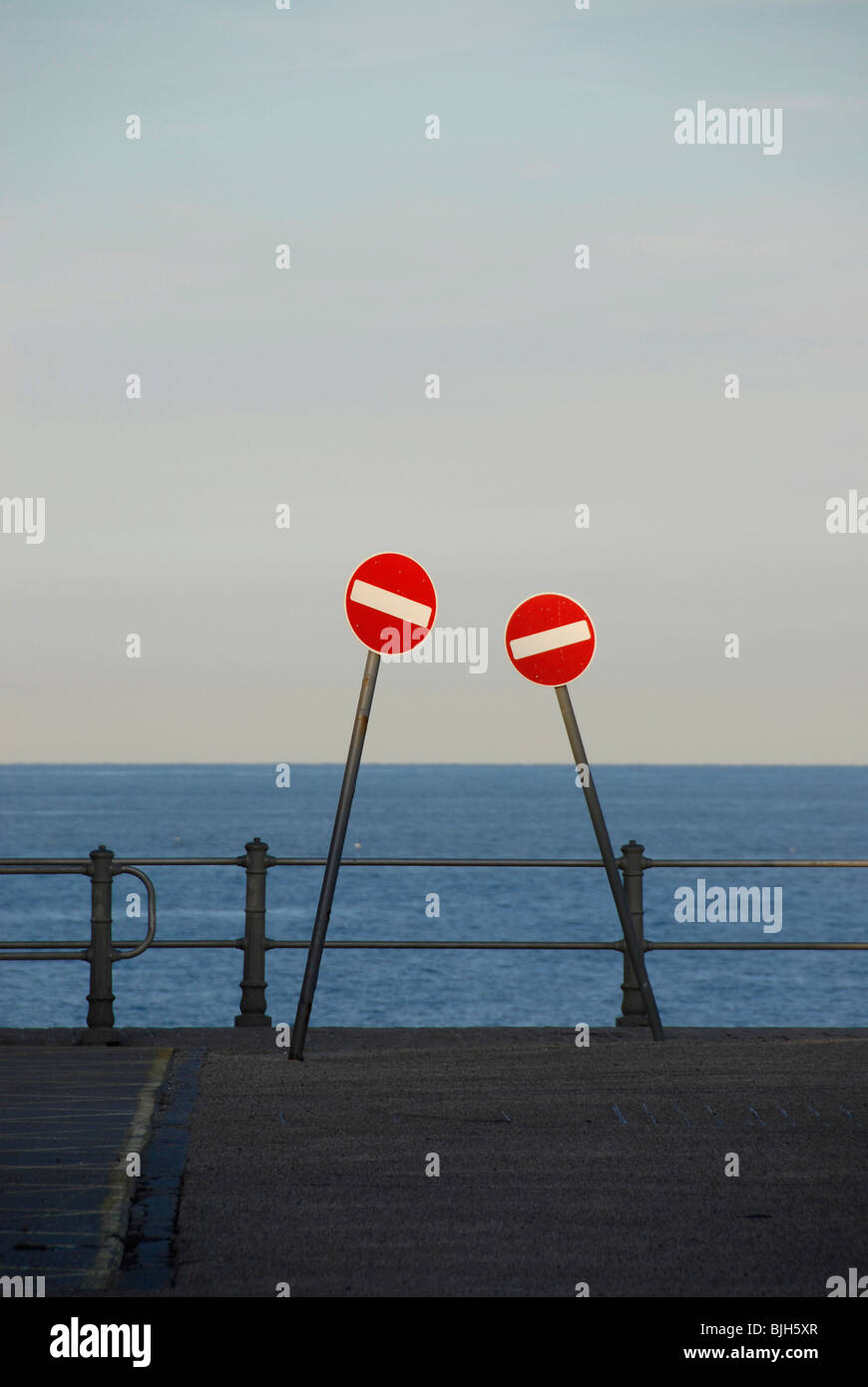 No Entry signs in car park by the sea in Hastings old Town Sussex