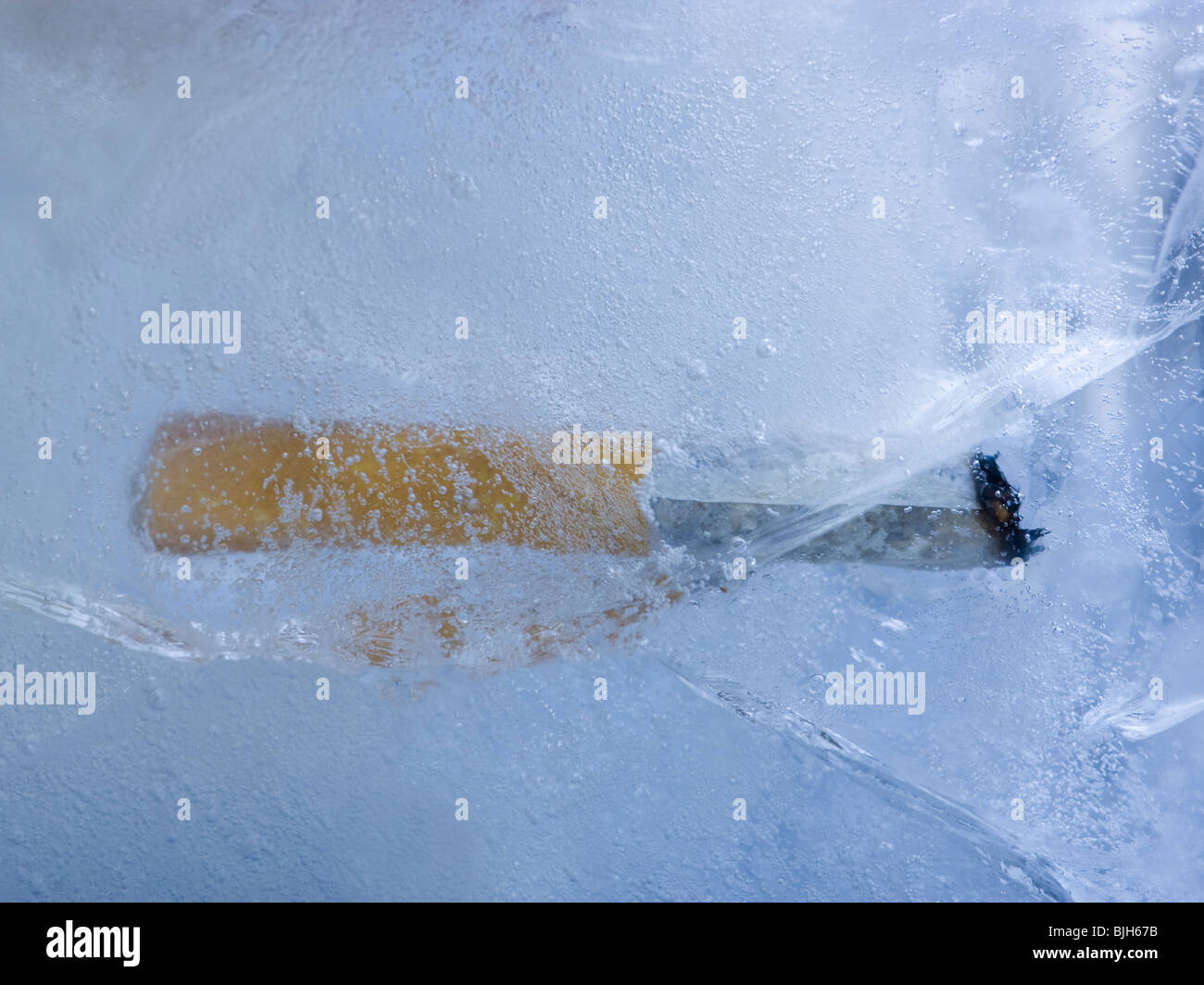 cigarette butt frozen in a block of ice Stock Photo