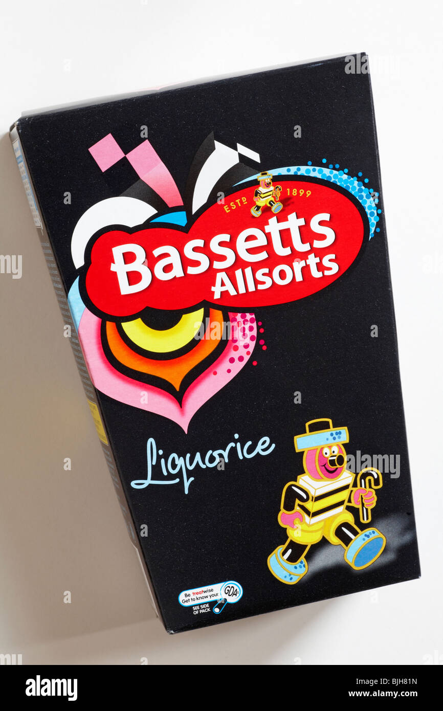 Box of Bassetts liquorice Allsorts isolated on white background Stock