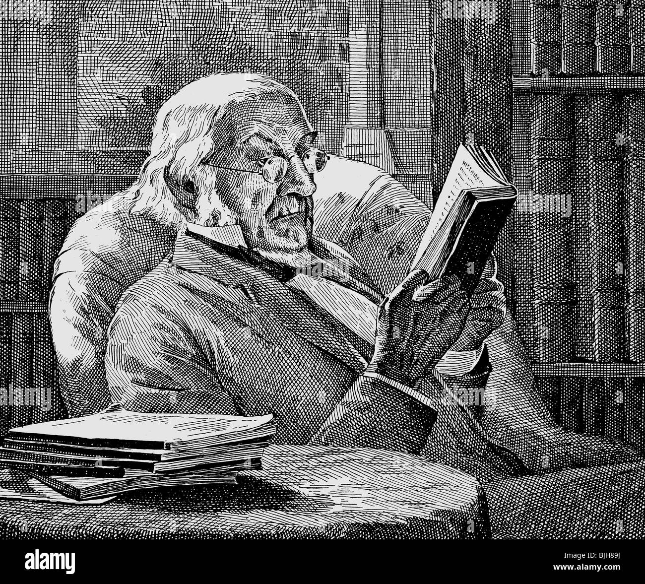 Gladstone, William Eward, 29.12.1809 - 19.5.1898, British politician (Lib.), half length, reading, wood engraving after drawing by G. Paulin, 1st half 20th century, , Stock Photo