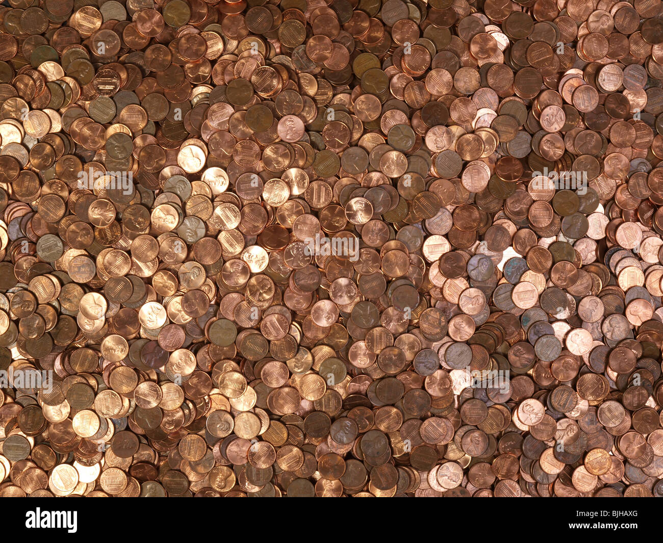 Large pile of shinny American Lincoln pennies. Stock Photo