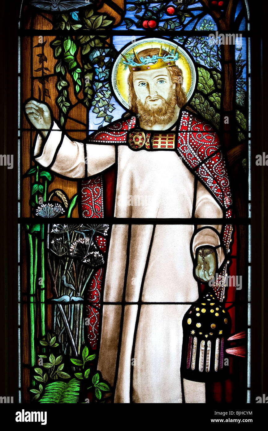 Detail from a selection of stained glass in St. Paul's Anglican Church in Halifax, Nova Scotia. Jesus as the light of the world. Stock Photo