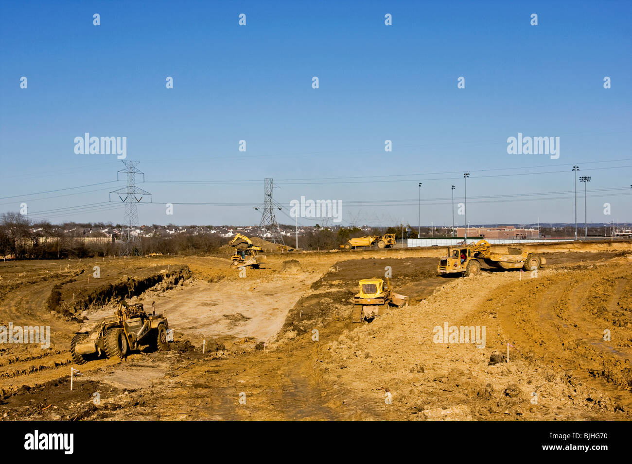 Construction equipment and personnel required for subdivision construction Stock Photo