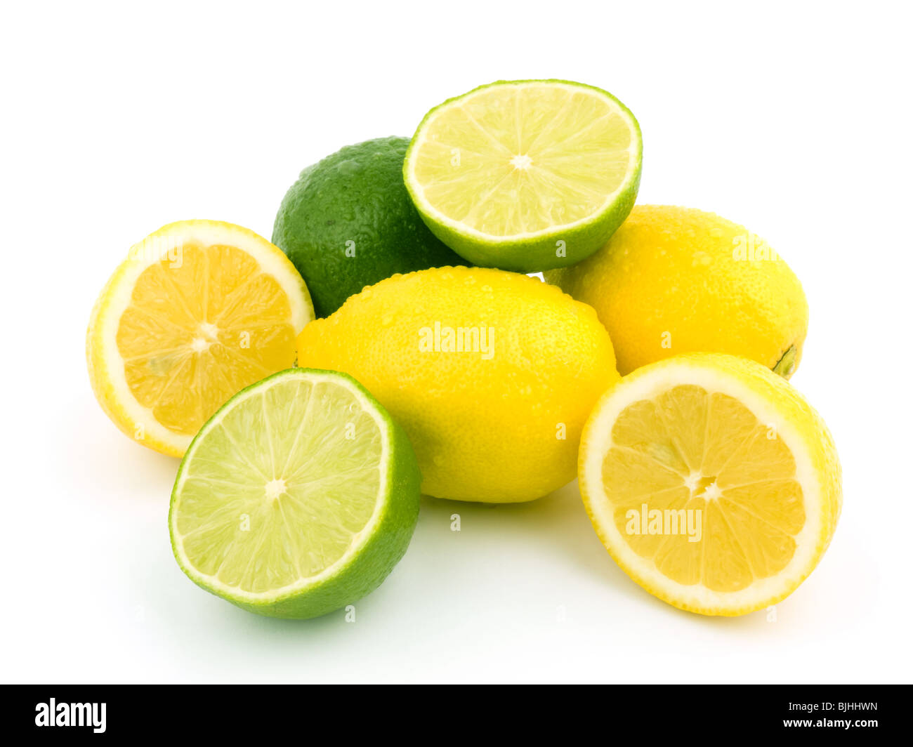 Lemons and limes on white background. Stock Photo