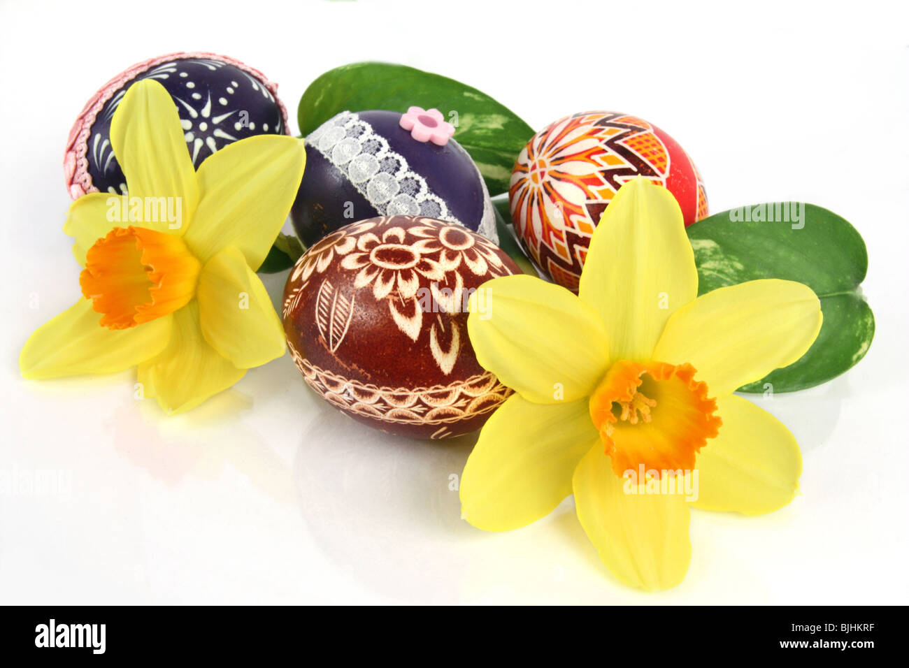 Still Life with Easter eggs and daffodil Stock Photo - Alamy