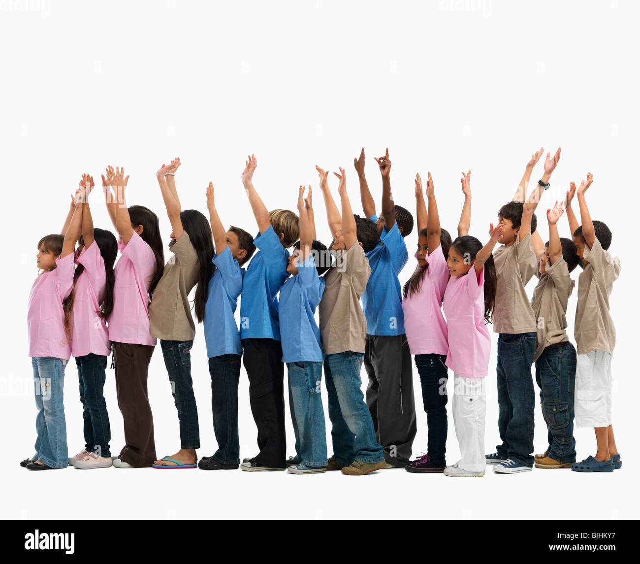 Children raising their arms Stock Photo Alamy