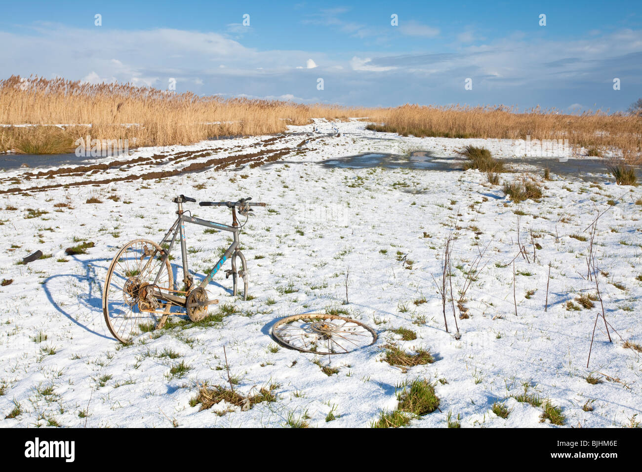 An Abandoned bike on the Halvergate Marshes following snowfall on the Norfolk Broads Stock Photo