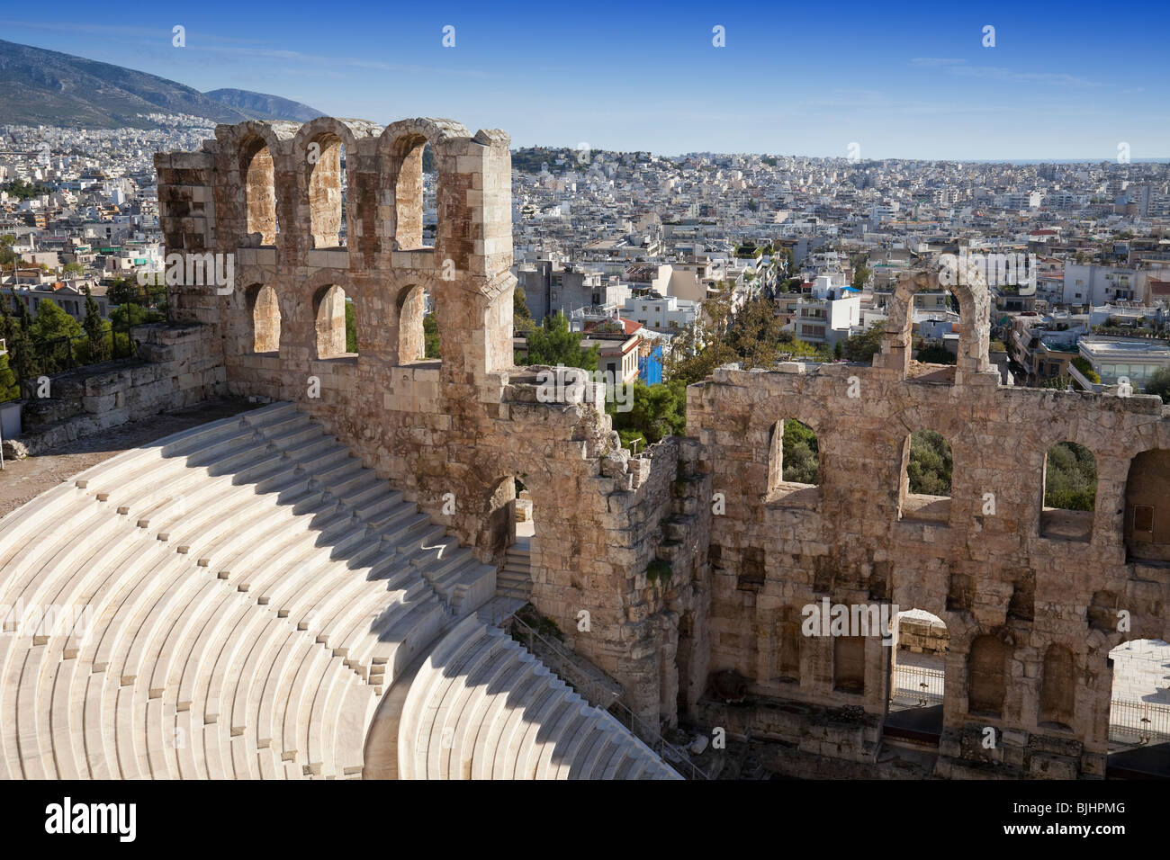 Irodium Theater on Acropolis in Athens. Stock Photo