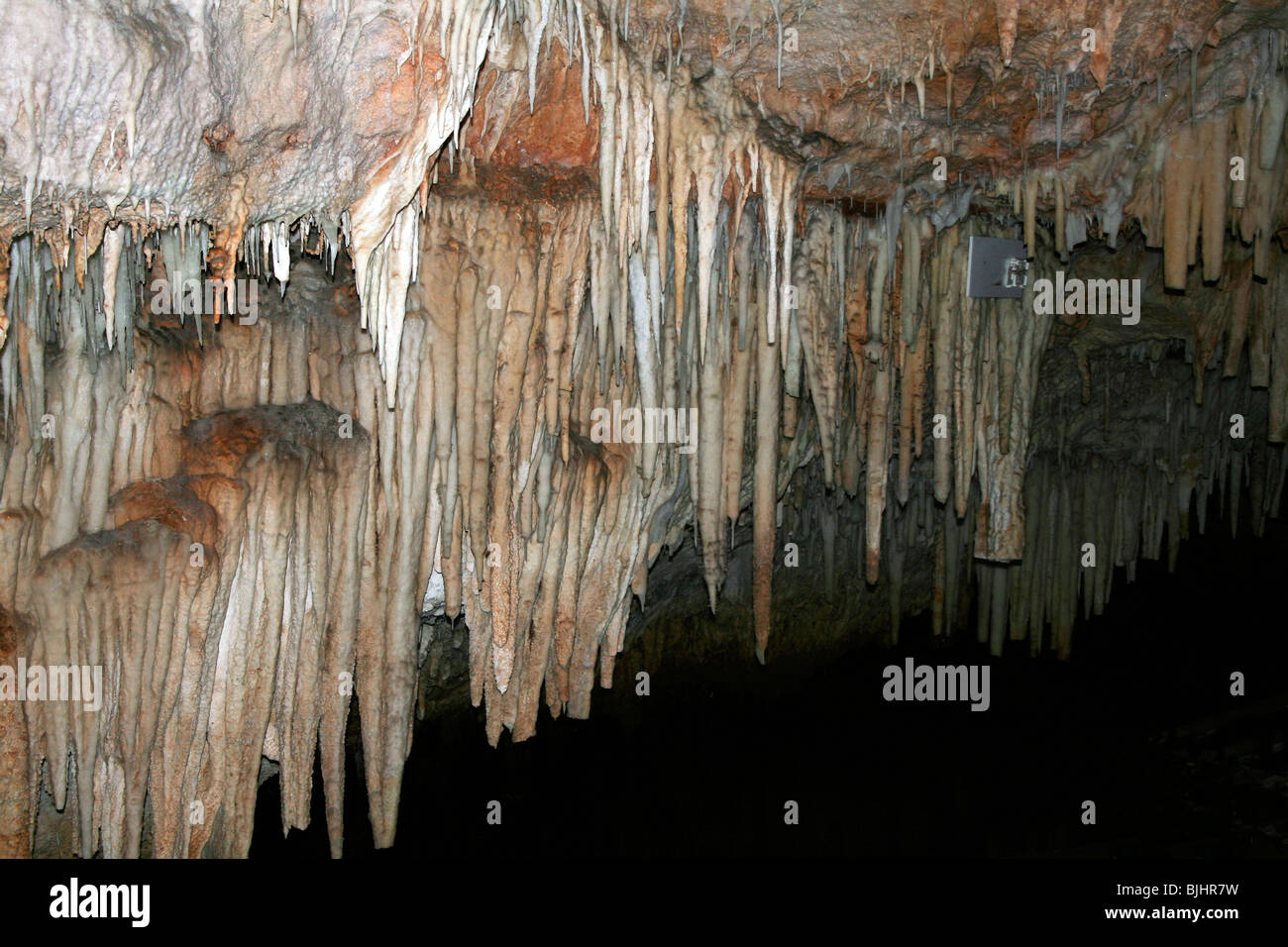 Bermuda's Crystal Cave is the best known of the island's  underground caverns. Pictured here is a section of white stalactites. Stock Photo