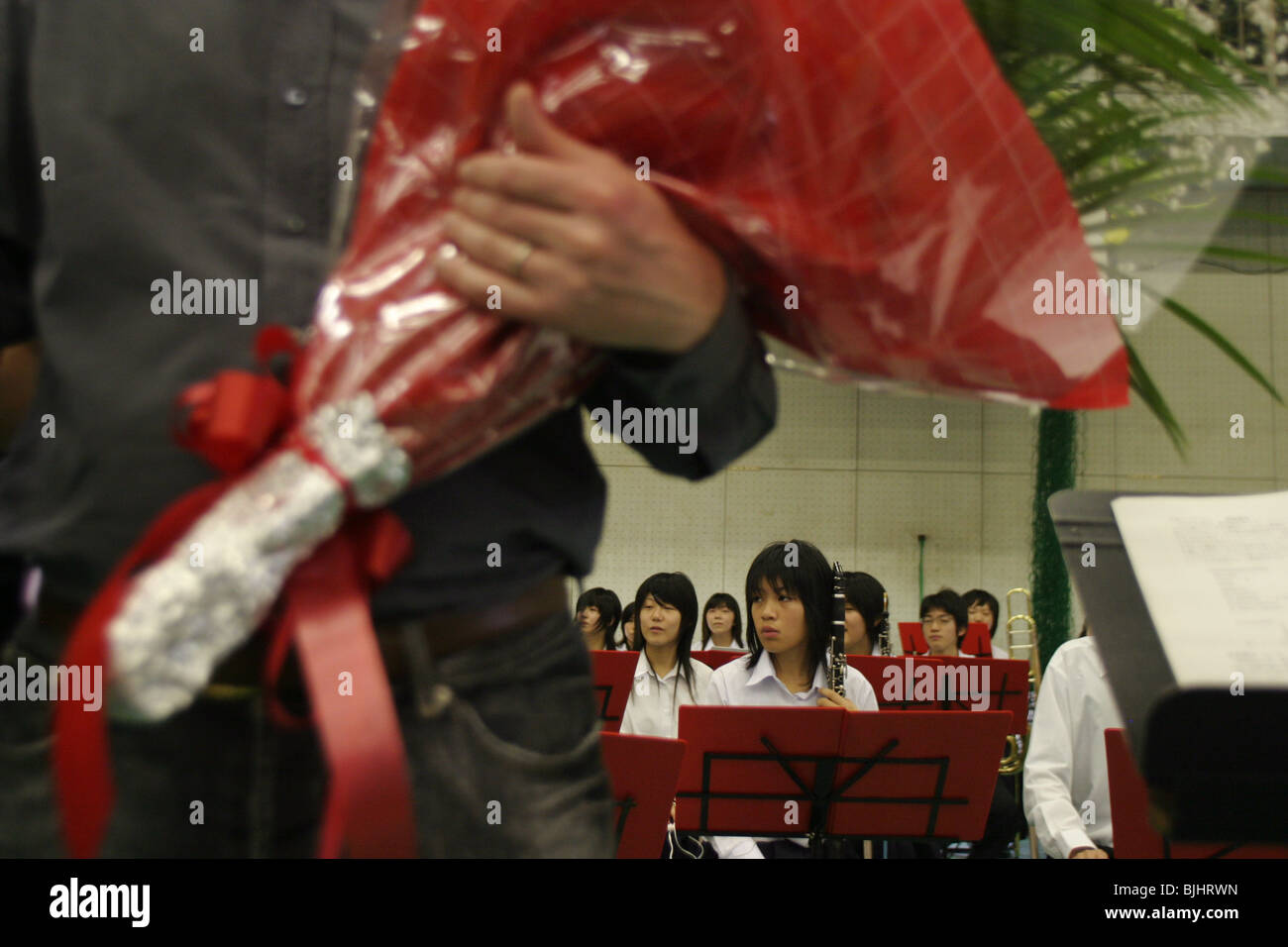 Sydney Symphony Orchestra conduct a music masterclass with pupils of Ichioka High School, Osaka, Japan. Stock Photo