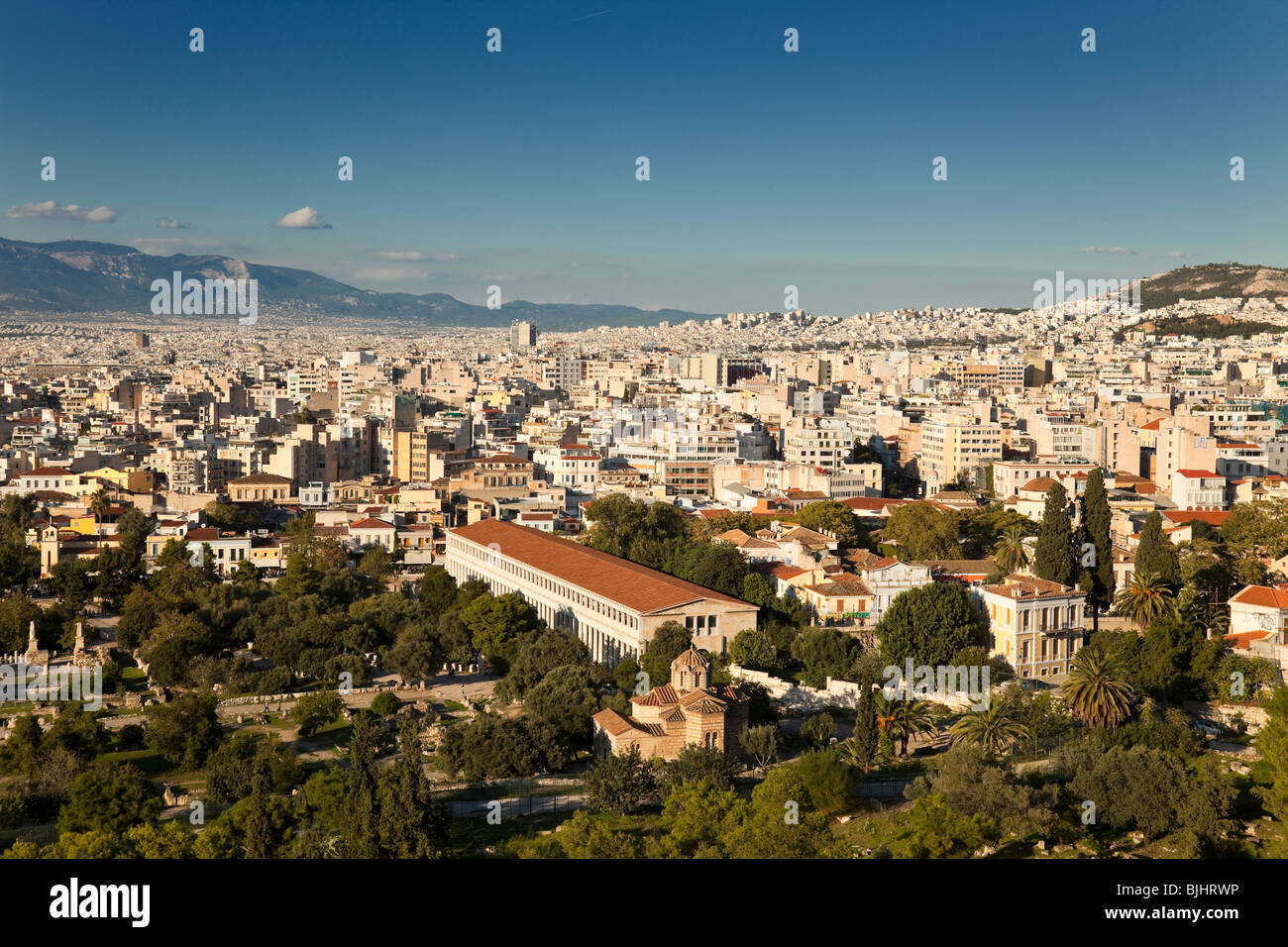 Stables of Atlas in Athens as seen from Mars Hill Stock Photo