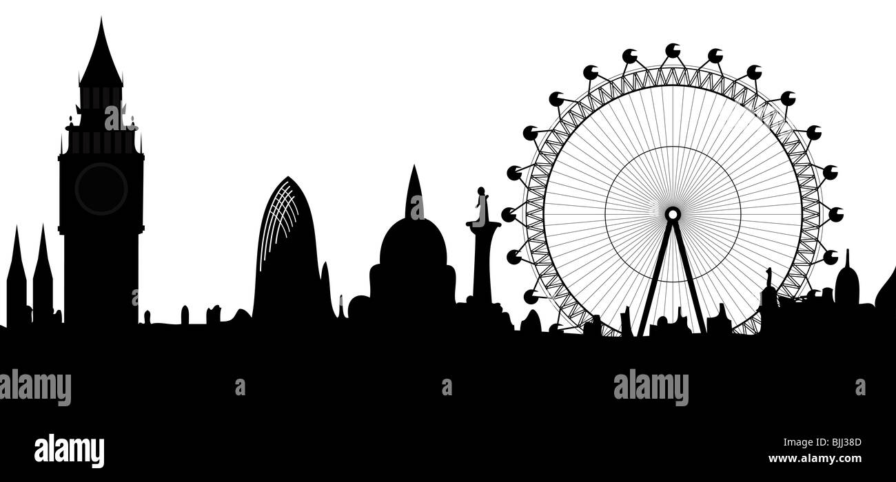 London skyline - famous landmarks of London - Big Ben, London Eye - silhouette Stock Photo