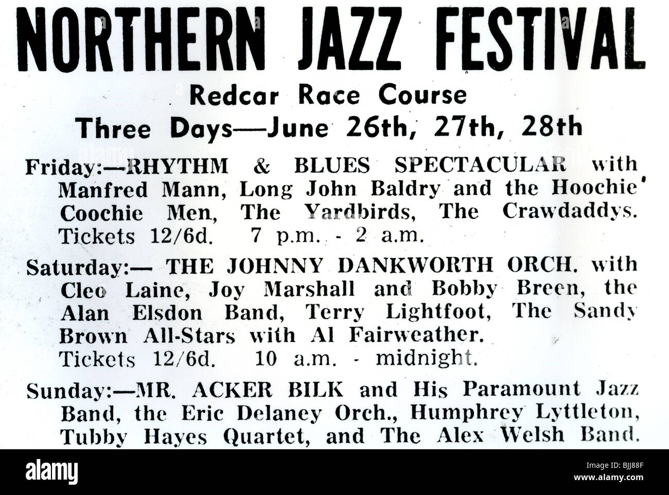 MANFRED MANN -  Advert for Northern Jazz Festival in Redcar, England, June 1964 including many other groups Stock Photo