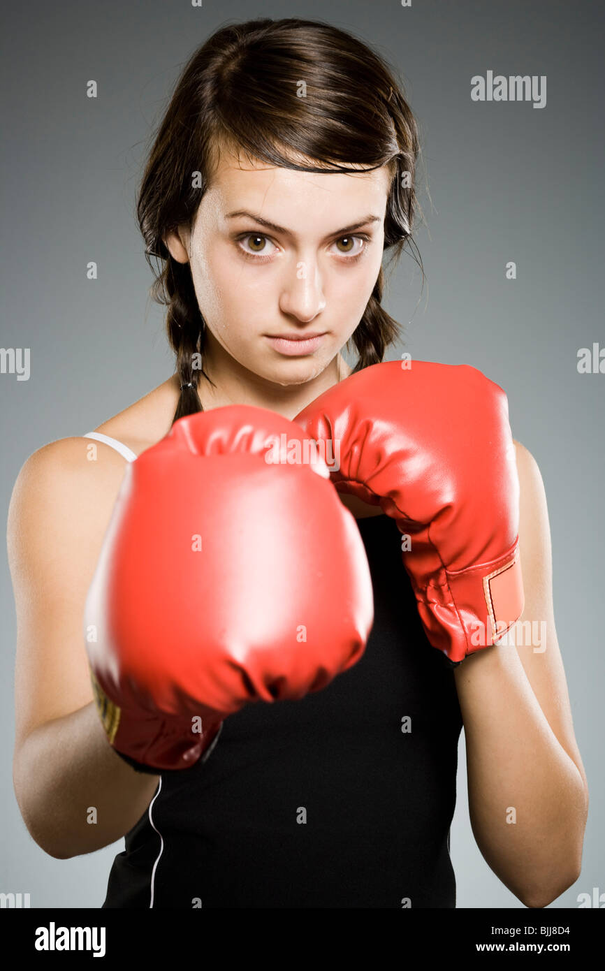 Closeup of teenage girl with boxing gloves Stock Photo Alamy