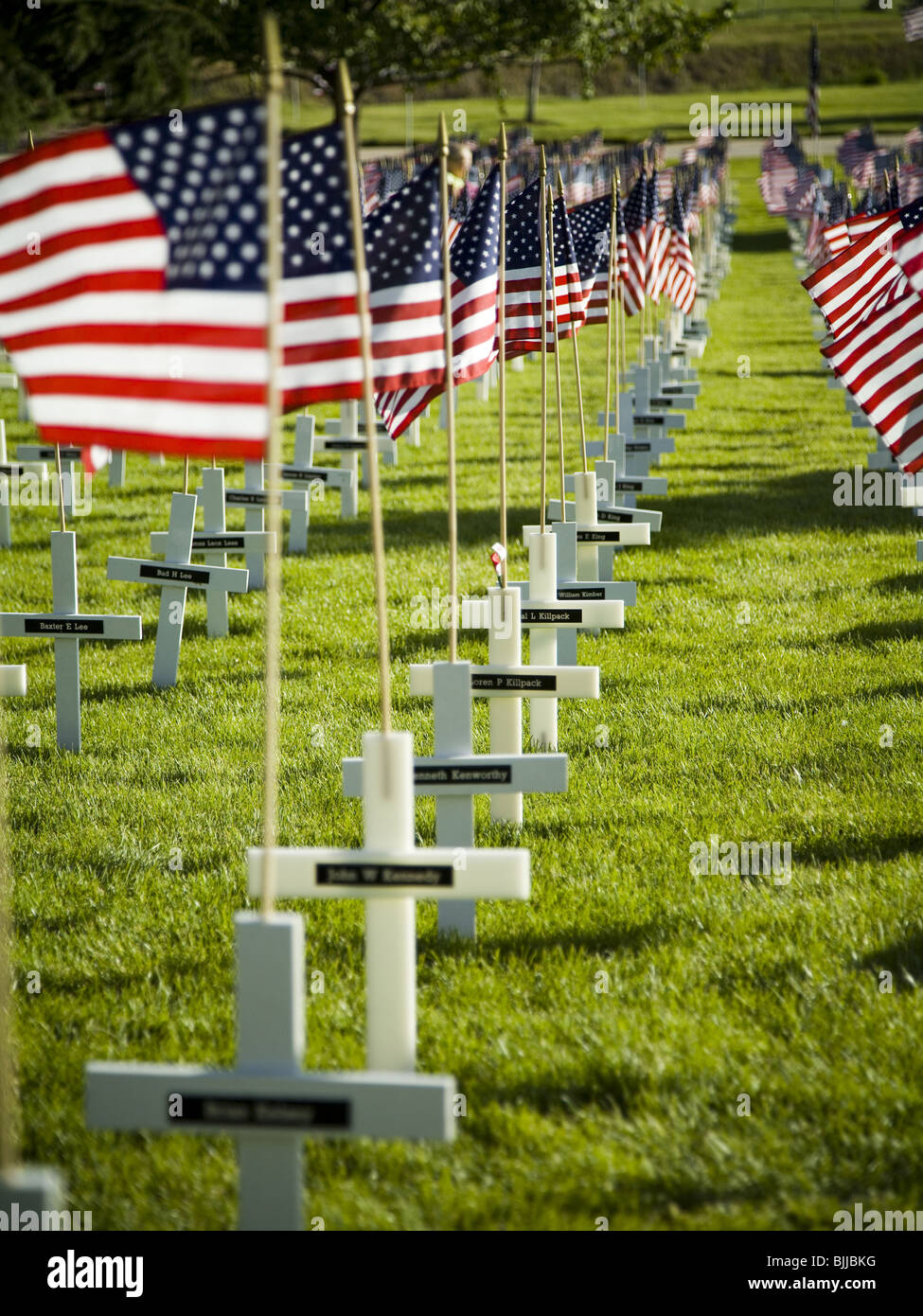 Cross markers with US flags Stock Photo