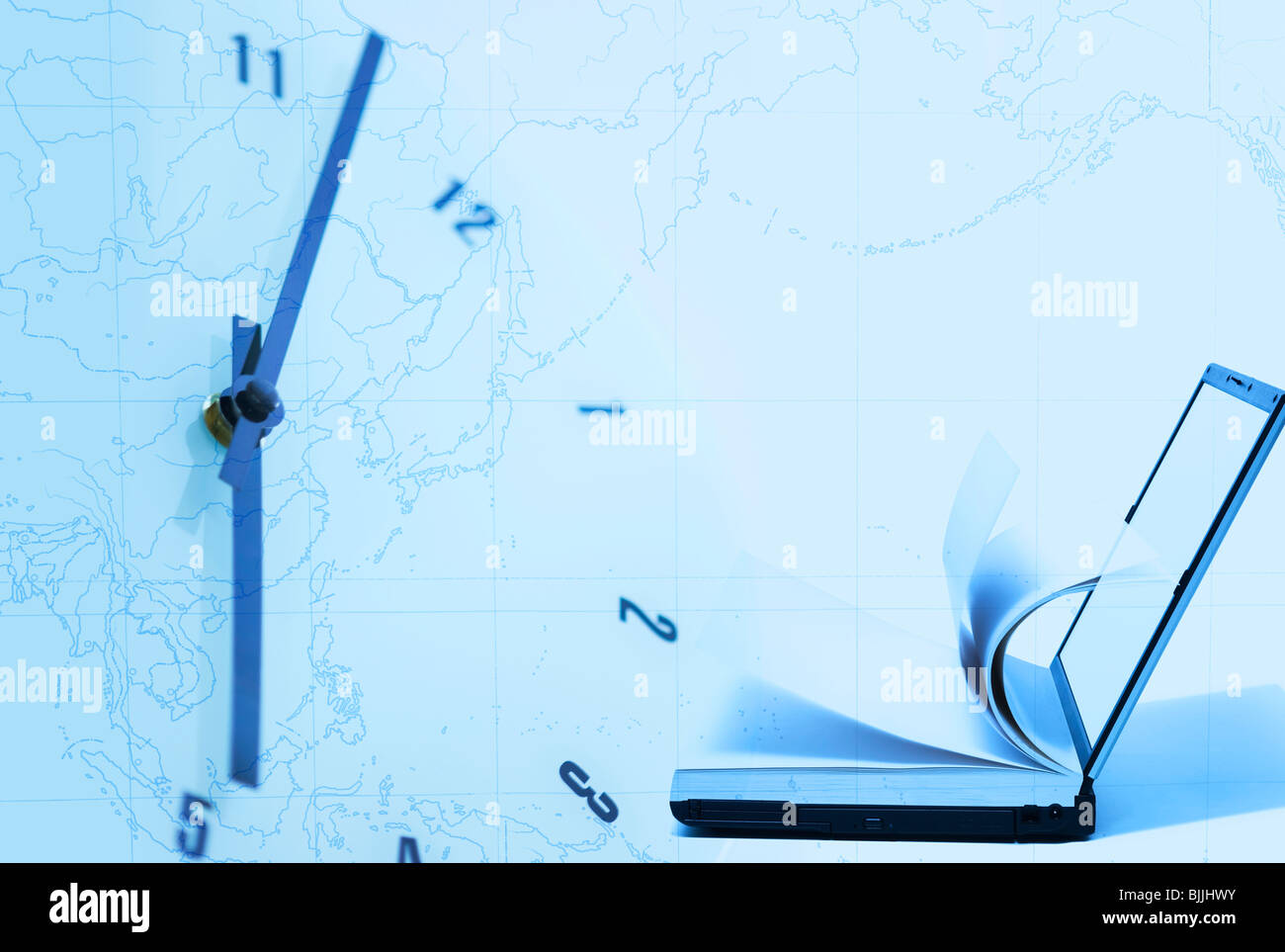 Laptop computer combined with book and clock against world map Stock Photo