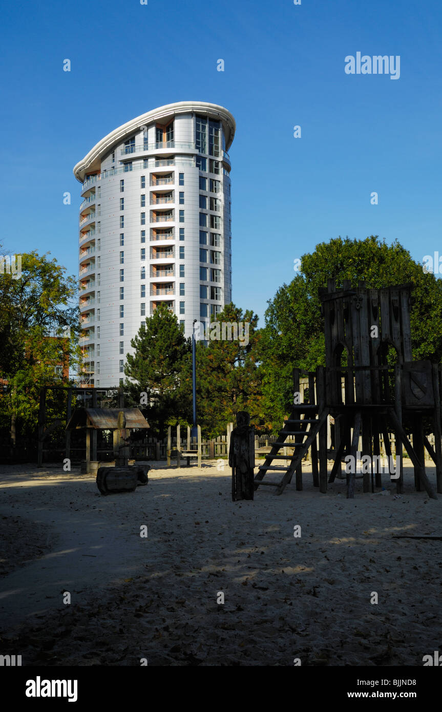 The Cabot Circus tower overlooking the children's play area at Castle Park, Bristol, England. Stock Photo
