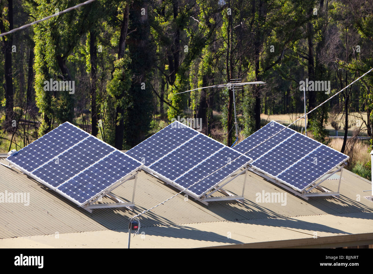 Solar panels on a house roof in Kinglake, Victoria, Australia Stock