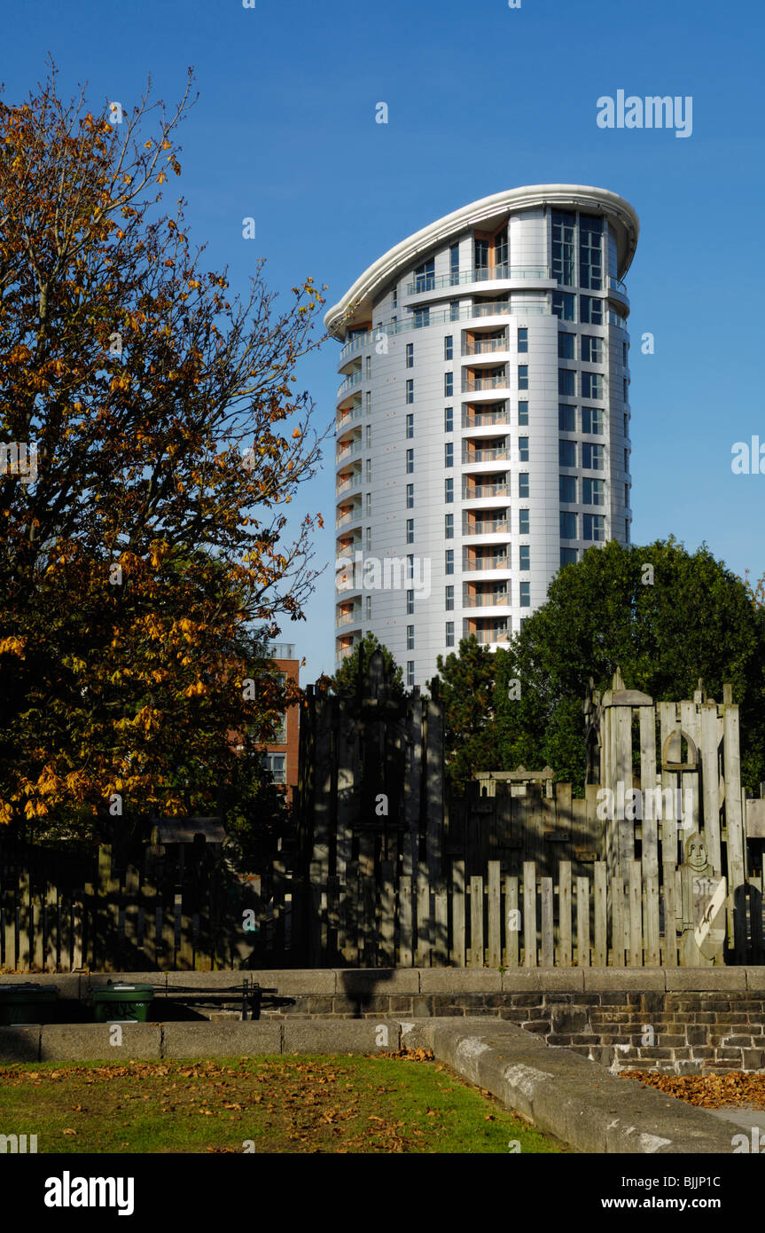 The tower over the Cabot Circus development rising above Castle Park, Bristol, England. Stock Photo