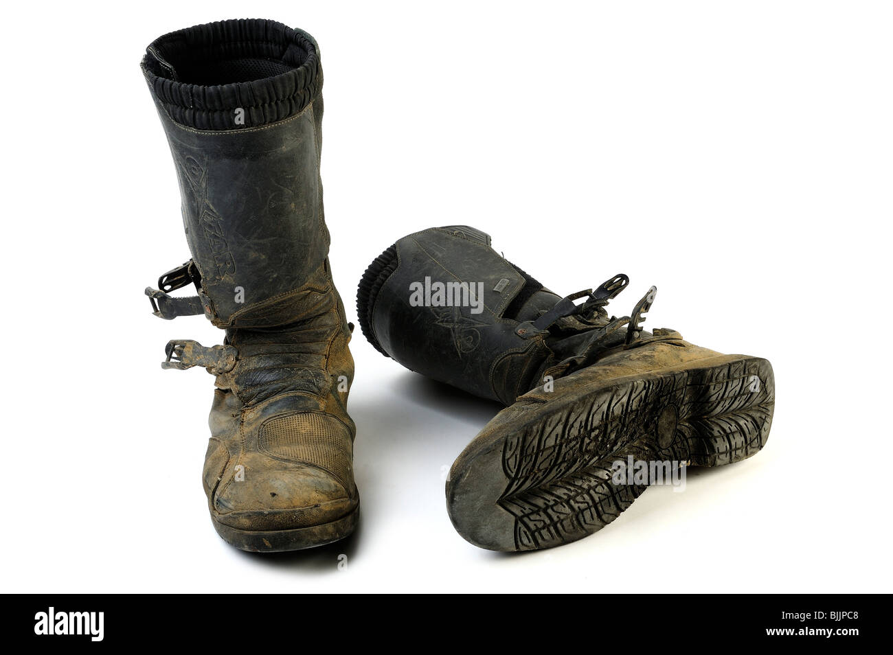 Well worn set of motorcycle boots Stock Photo