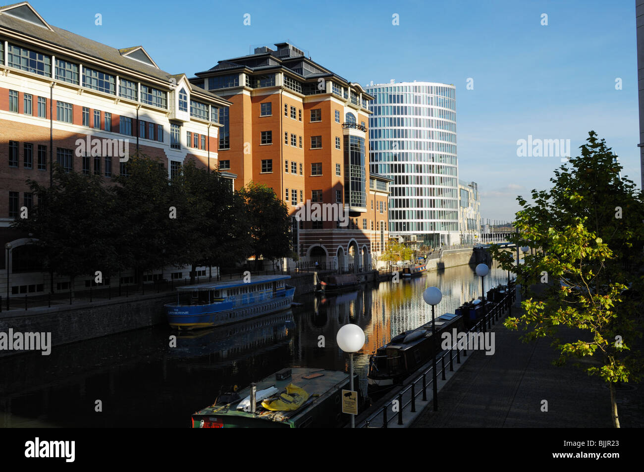 The Floating Harbour viewed from Temple Bridge towards Trinity Quay, Bristol, England. Stock Photo
