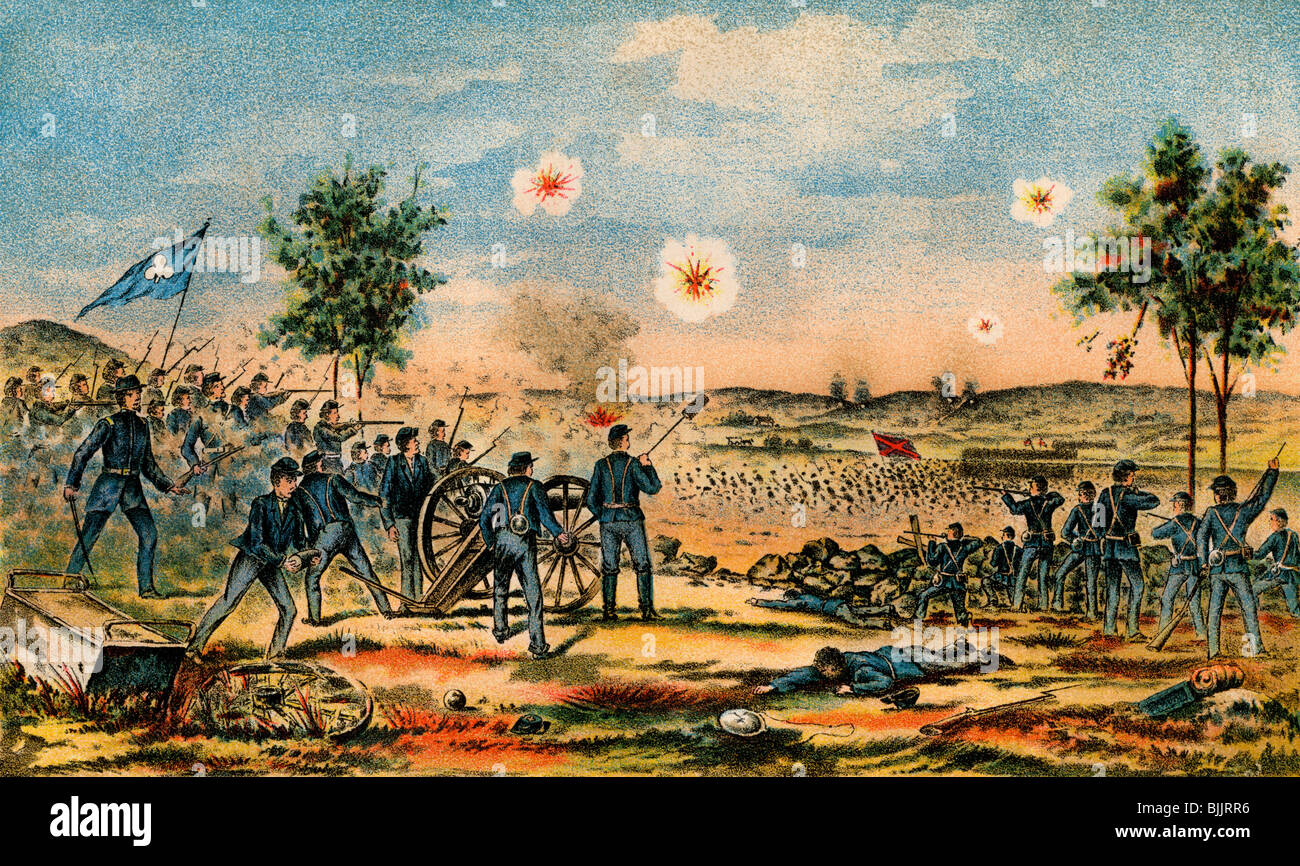 Confederates charge the Union lines at Gettysburg, 1863. Color lithograph Stock Photo