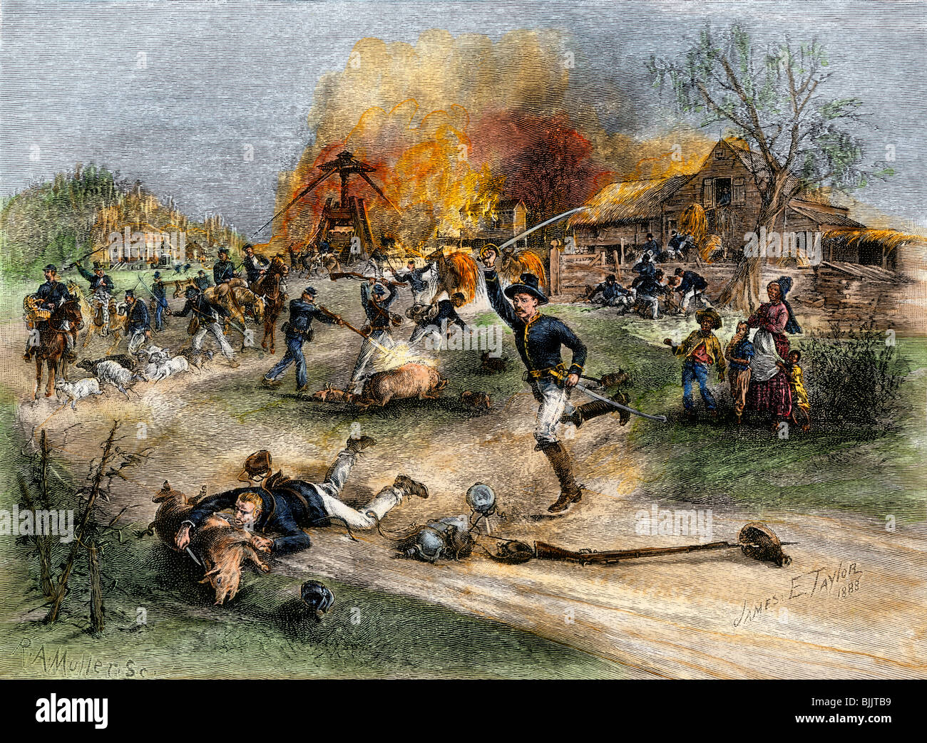 Sherman's troops foraging on a Georgia plantation, 1864. Hand-colored woodcut Stock Photo