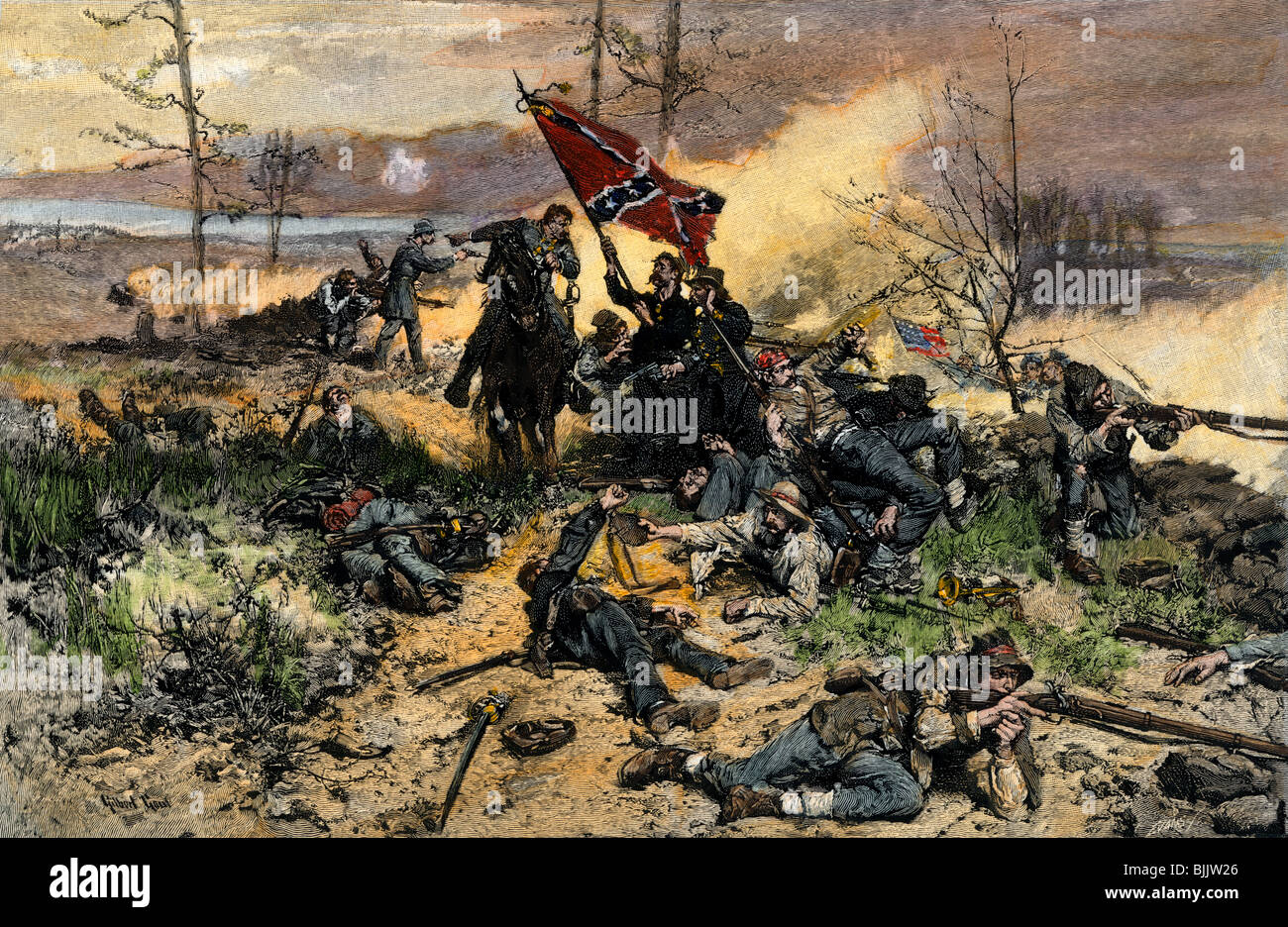 Confederate soldiers on the line of battle with fate against them. Hand-colored woodcut Stock Photo