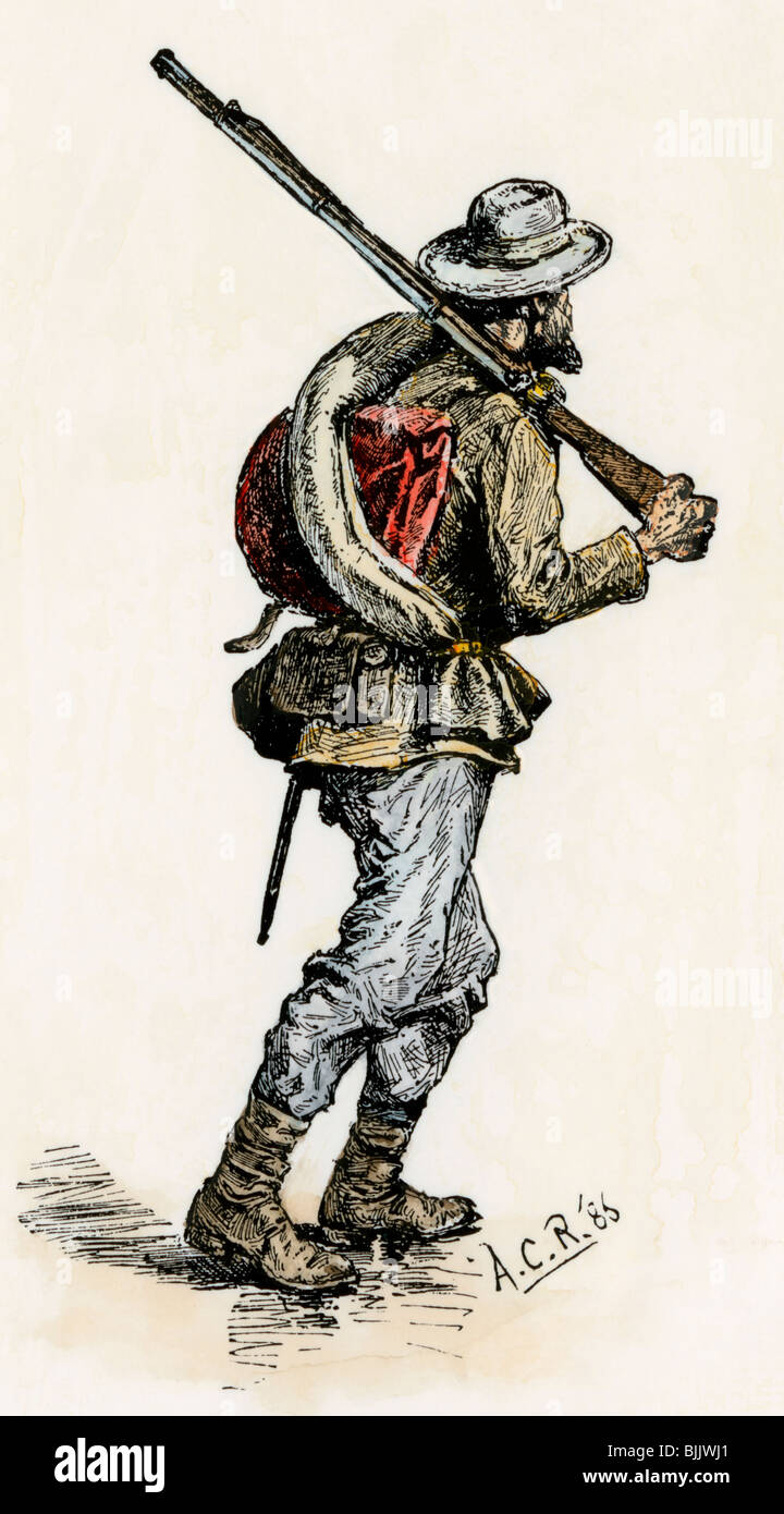 Confederate soldier in retreat after the Battle of Gettysburg, 1863. Hand-colored woodcut Stock Photo