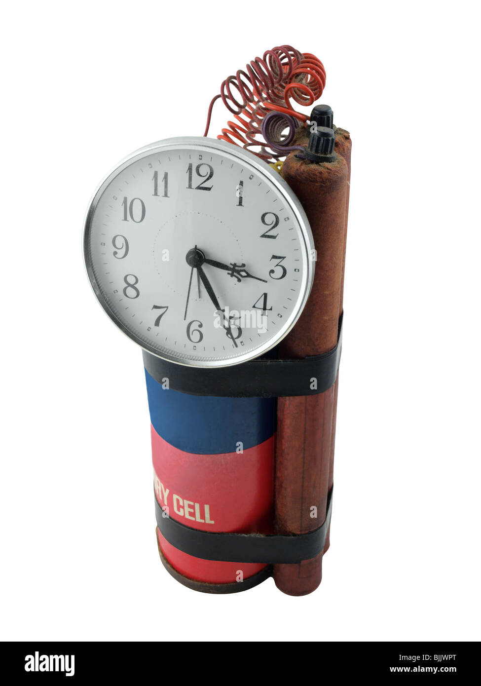 Vintage prop time bomb with large clock and sticks of dynamite. Stock Photo