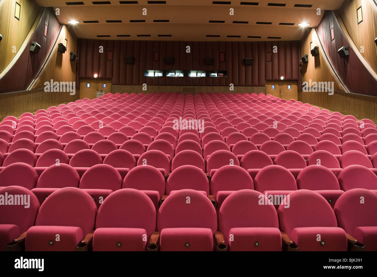 Interior of cinema auditorium with walls and ceiling decoration and line of  pink chairs Stock Photo - Alamy