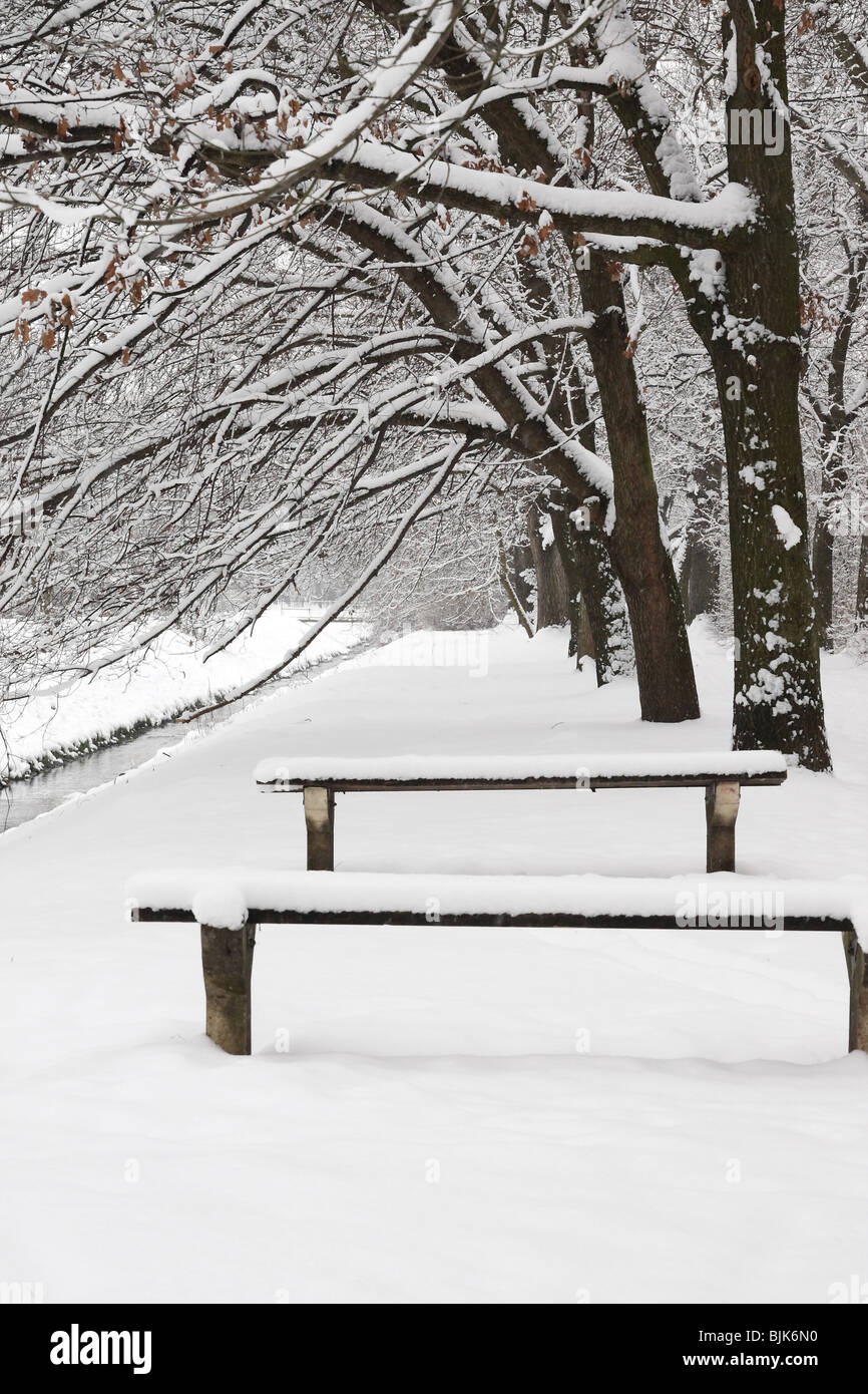 Winter bench in a park covered with snow Stock Photo - Alamy