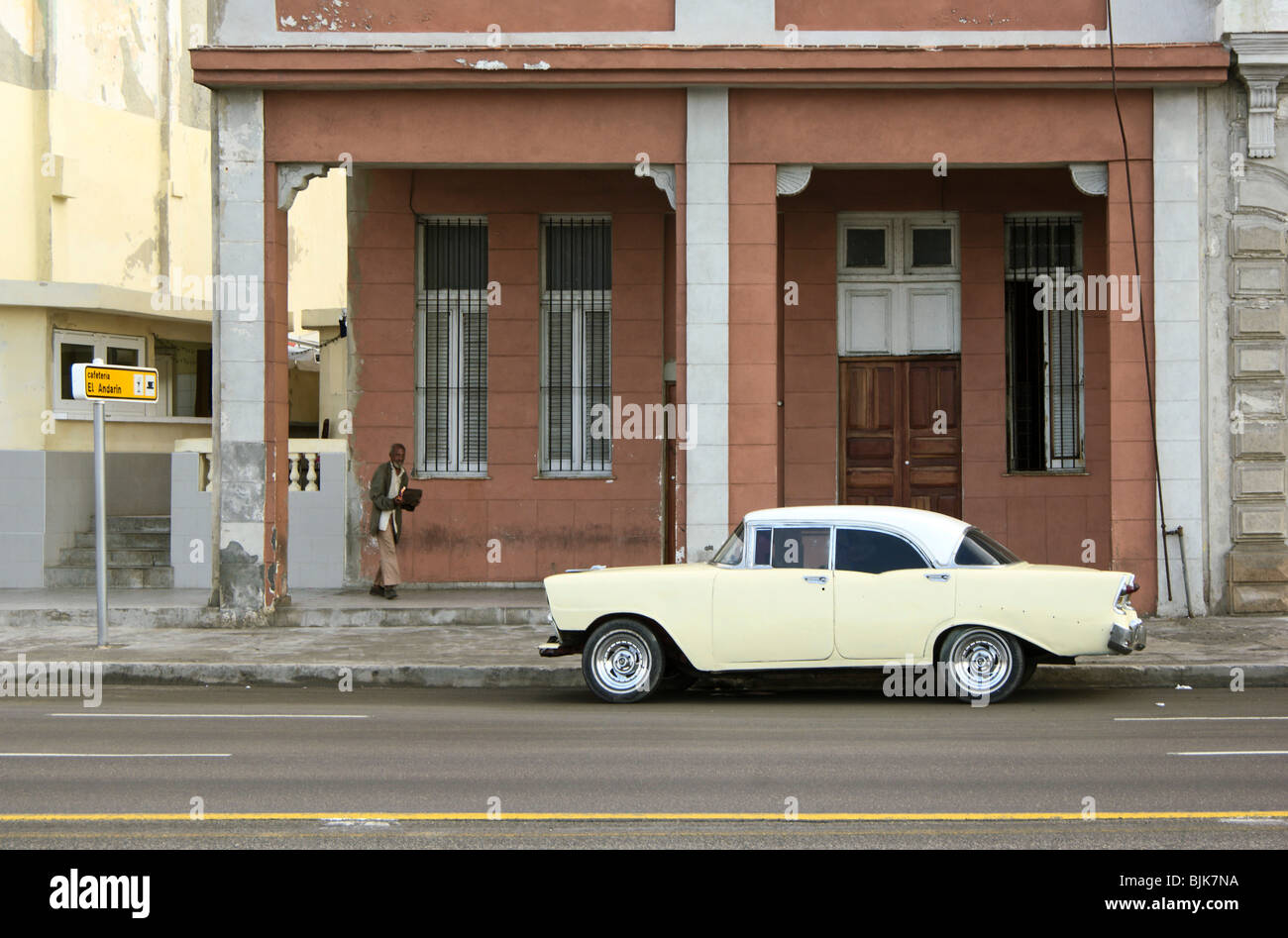 Vintage car on Malecon, Centro Habana, Havana, Cuba, Caribbean Stock Photo