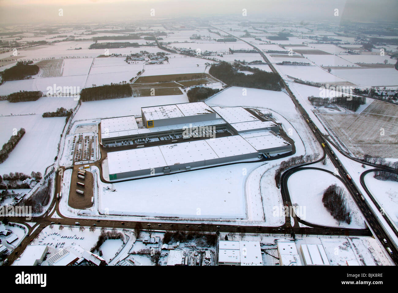 Aerial photo, Edeka logistics centre, Rhynern, snow-covered, Hamm, Ruhr area, North Rhine-Westphalia, Germany, Europe Stock Photo
