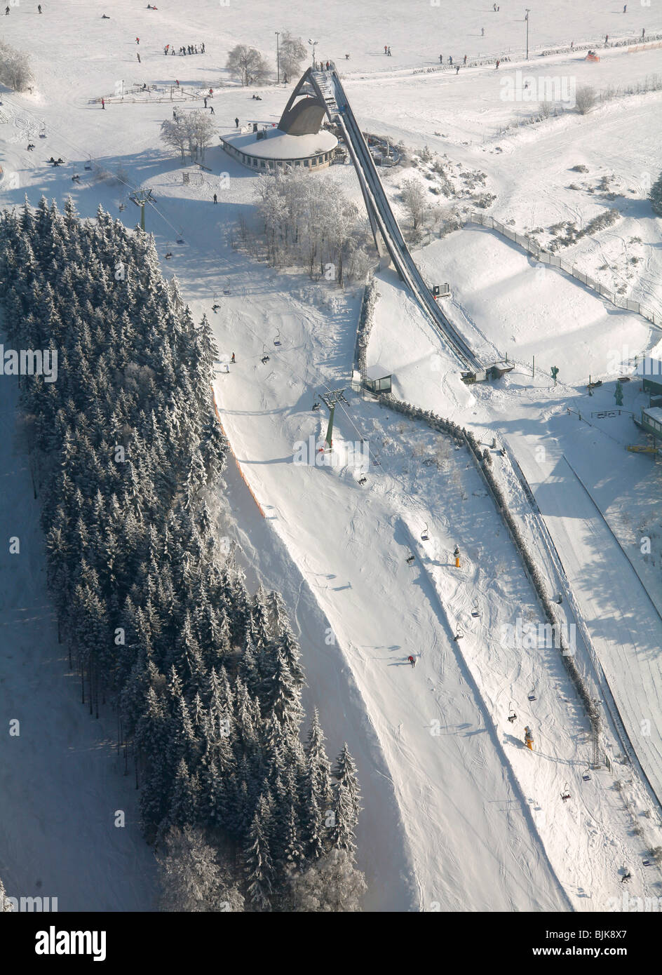 Aerial view, ski jump, snow, winter, Winterberg, North Rhine-Westphalia, Germany, Europe Stock Photo