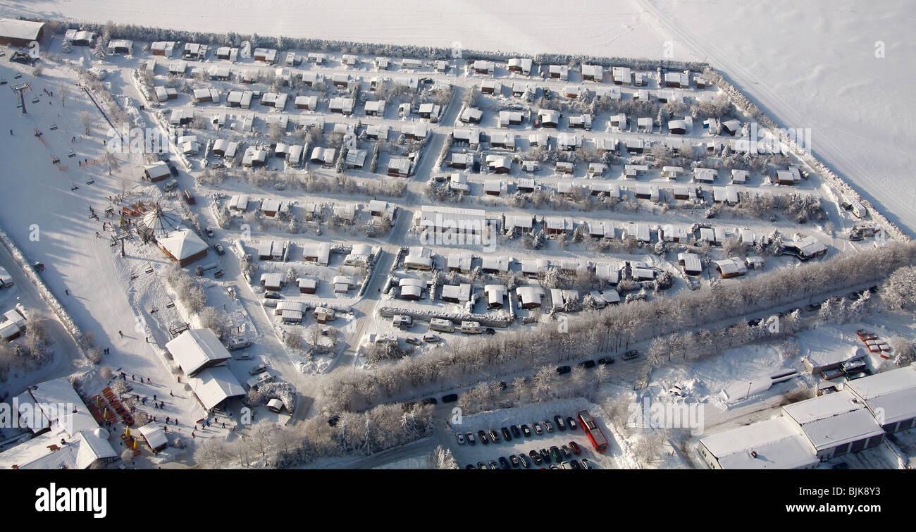 Aerial view, snow, winter, winter camping, caravans, Winterberg, North Rhine-Westphalia, Germany, Europe Stock Photo