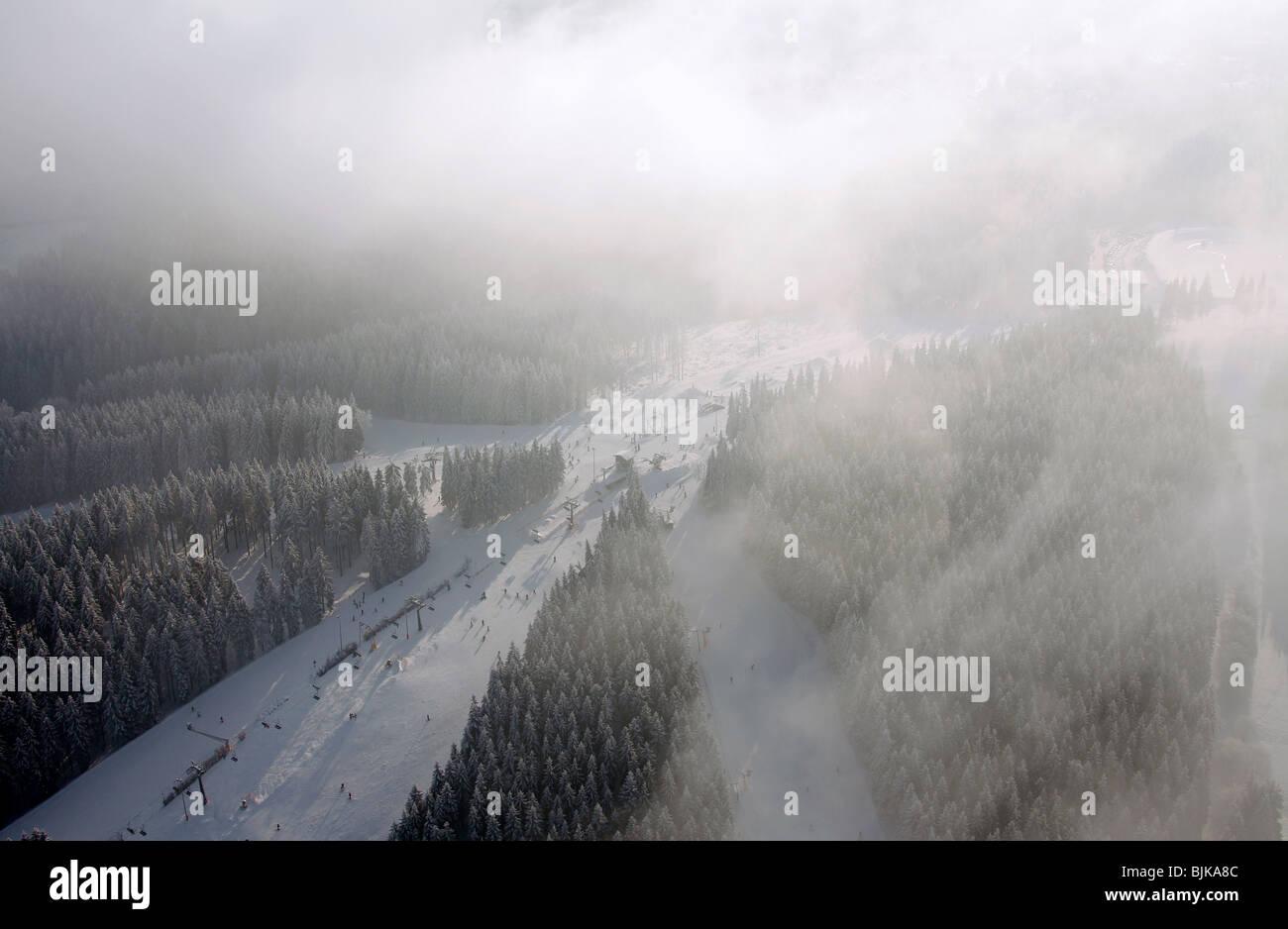 Aerial view, snow, winter, Winterberg, North Rhine-Westphalia, Germany, Europe Stock Photo