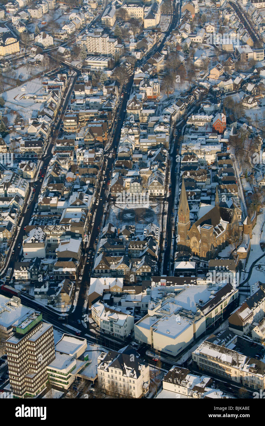 Aerial photo, town centre in the snow in winter, Olpe, North Rhine