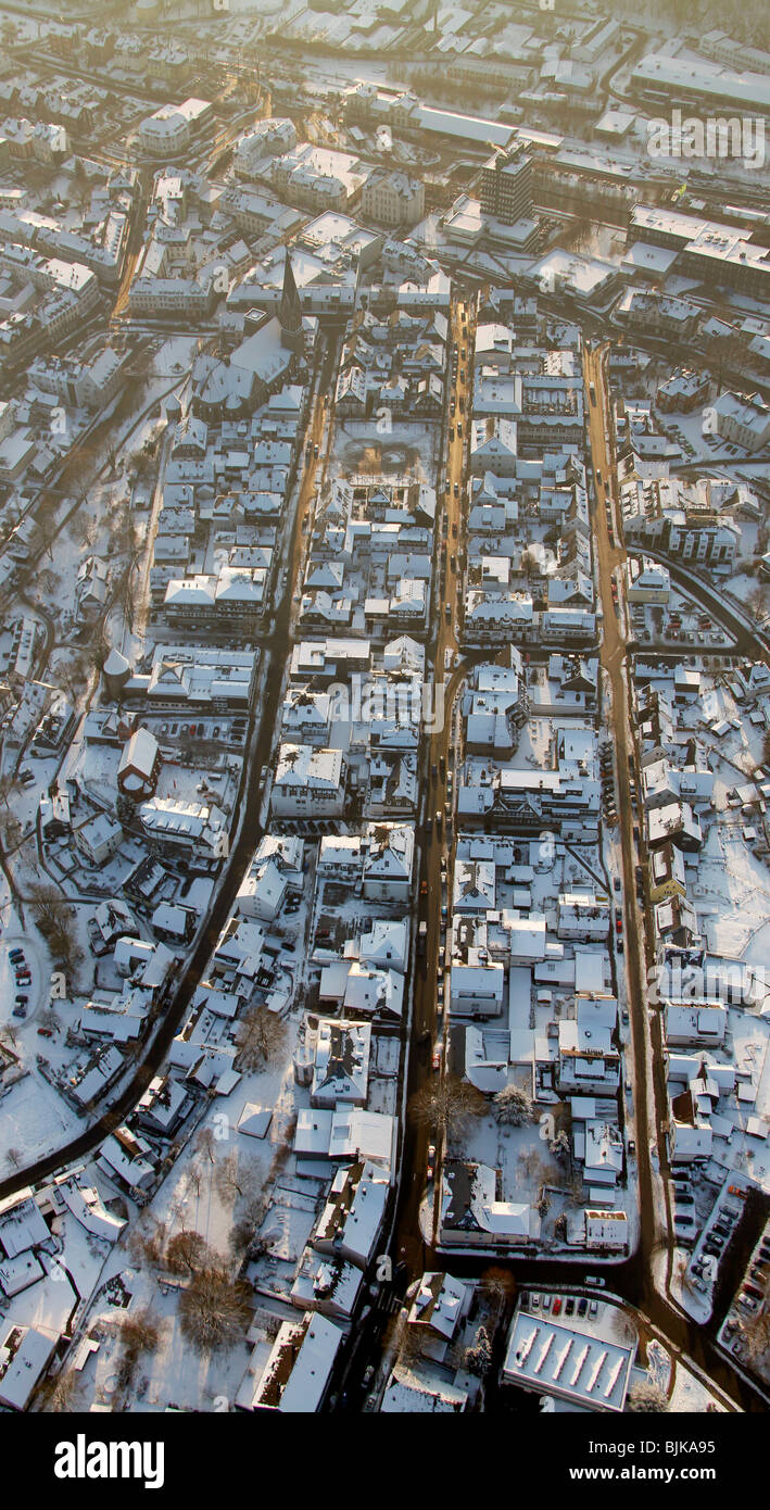 Aerial photo, town centre in the snow in winter, Olpe, North Rhine