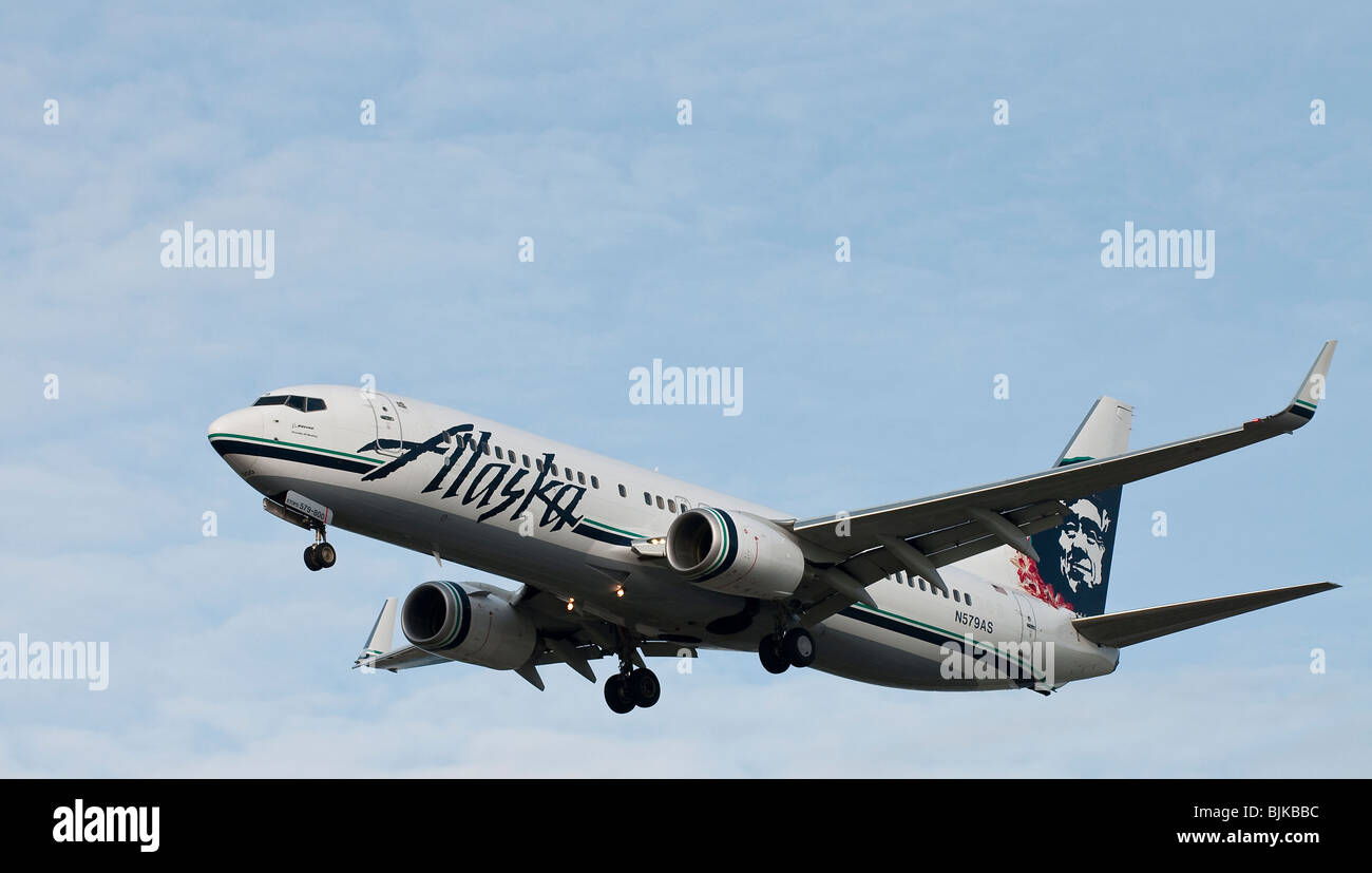 Alaska airlines Boeing 737 on final approach for landing Stock Photo