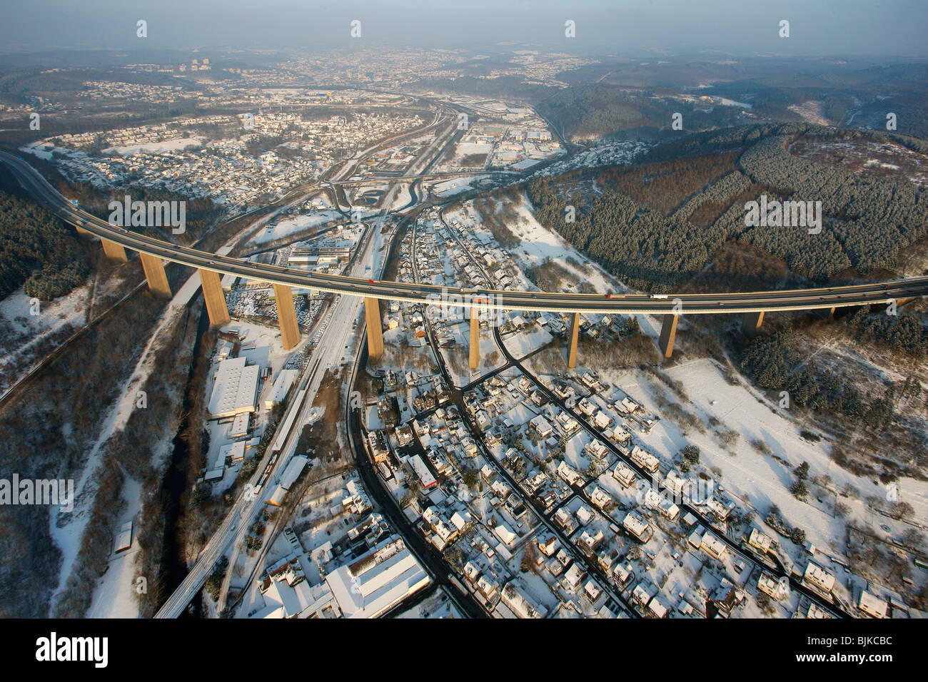 Aerial photo, Siegerland Bridge, Sauerlandlinie, A45 highway, snow, winter, Siegen, Sauerland, North Rhine-Westphalia, Germany, Stock Photo