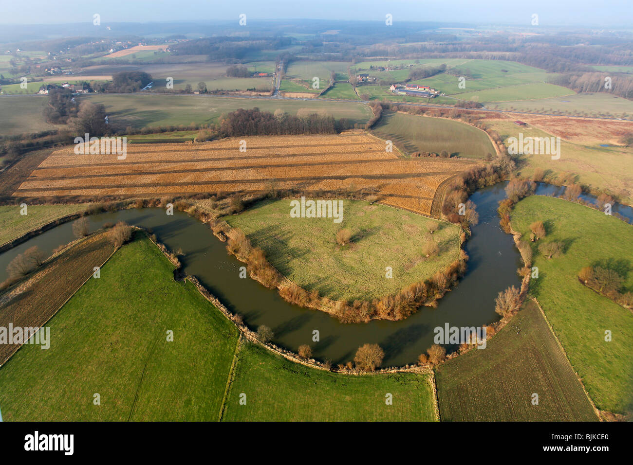 Aerial photo, Lippe River, Lippe meander and meadows, Luenen city limits, Bergkamen, Ruhr area, North Rhine-Westphalia, Germany Stock Photo