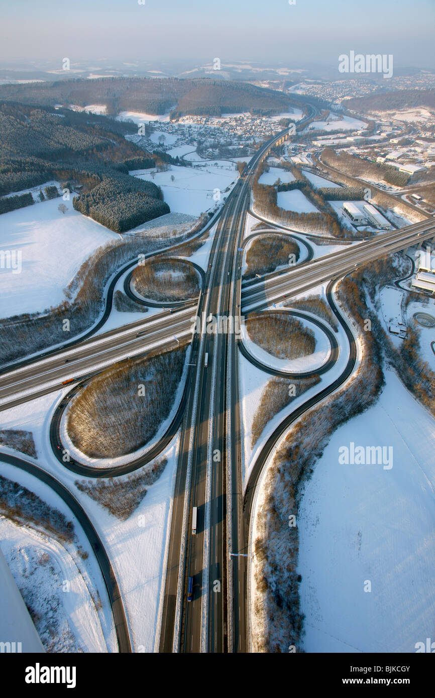 Aerial photo, highway intersection Olpe A4, A45, Sauerlandlinie, snow, winter, Wenden, North Rhine-Westphalia, Germany, Europe Stock Photo