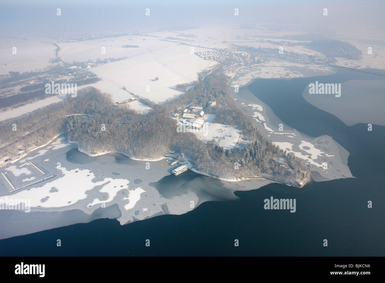 Aerial photo, Moehnesee Reservoir with ice and snow in winter, North Rhine-Westphalia, Germany, Europe Stock Photo