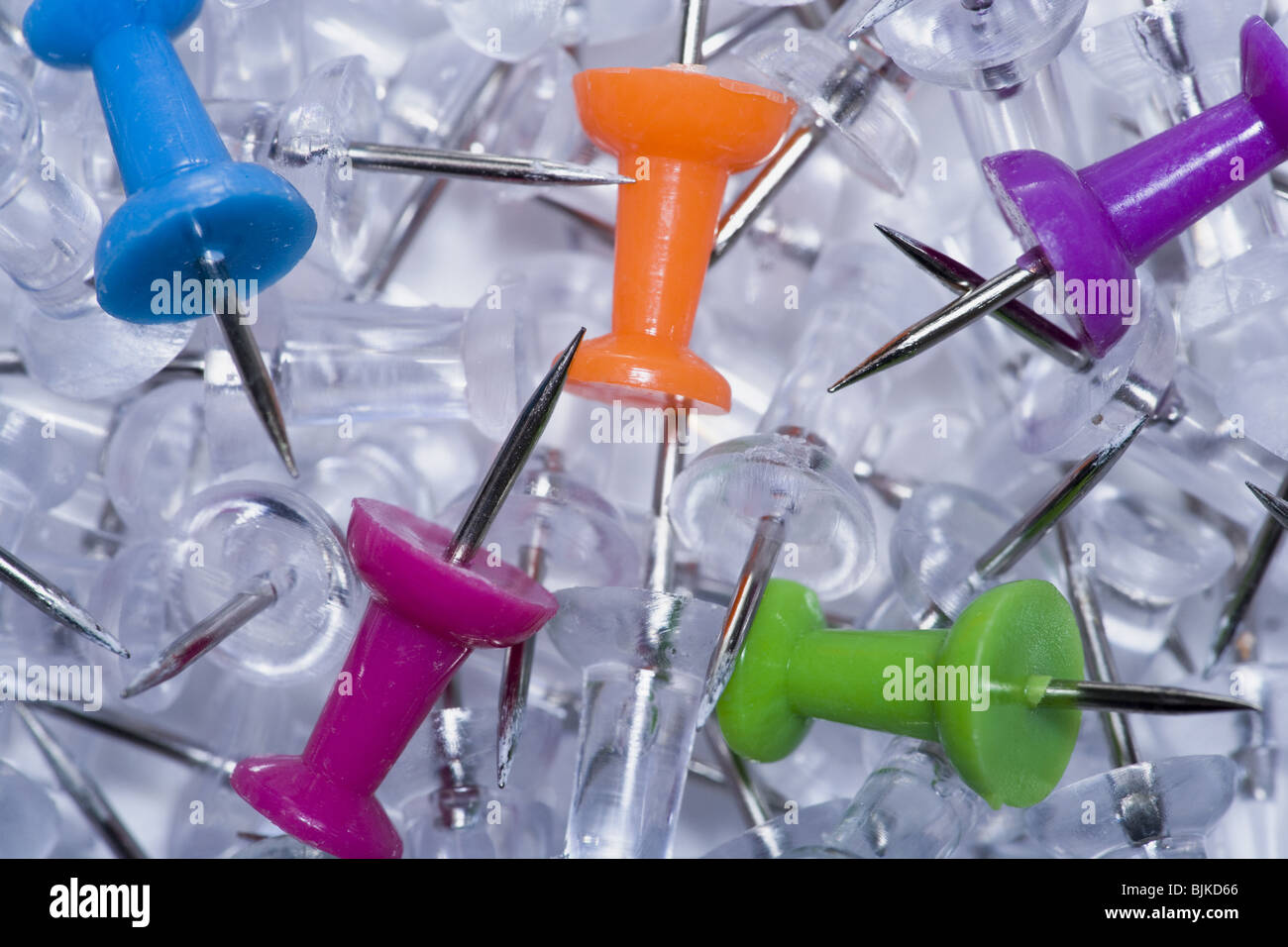 One black pushpin in a heap of clear pushpins Stock Photo