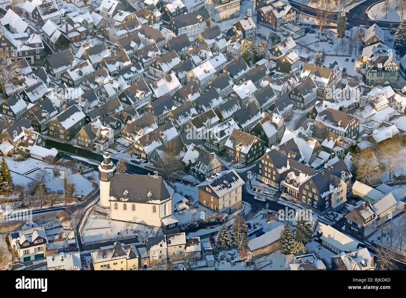 Aerial photo, half-timbered houses in the snow in winter, Freudenberg, North Rhine-Westphalia, Germany, Europe Stock Photo
