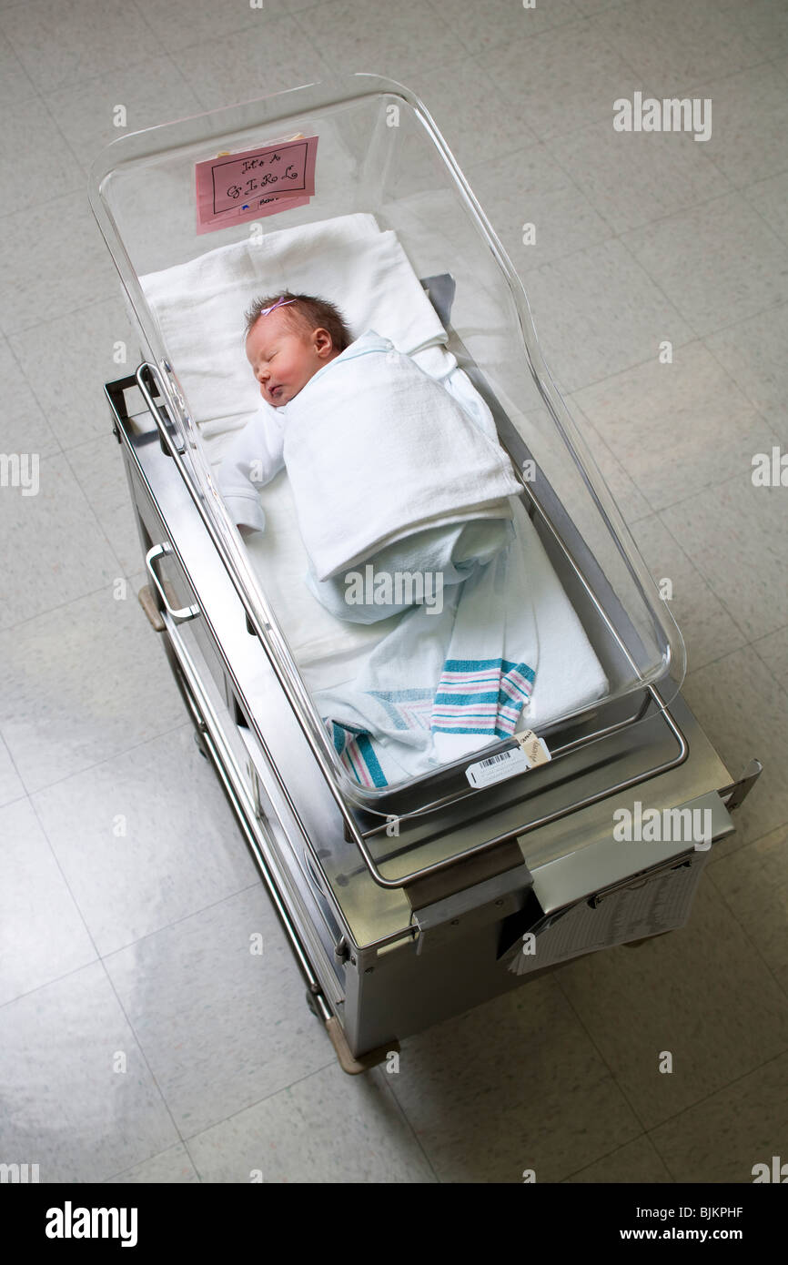 Newborn girl in nursery from above Stock Photo