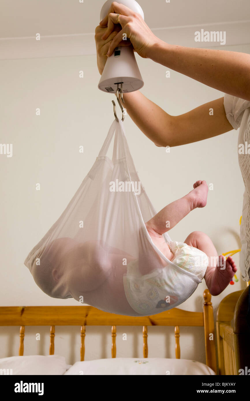 Weighing a newborn / new born baby with scales / weight scale. Stock Photo